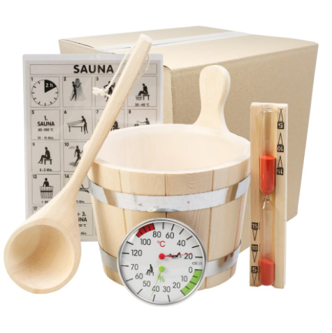 Saunaset mit Eimer, Kelle, Sanduhr und Hygrometer